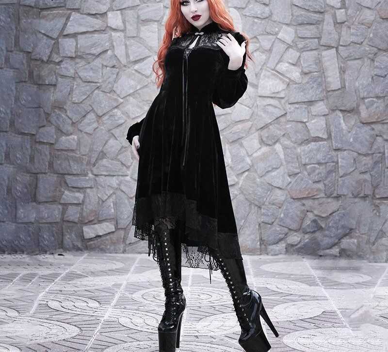 Goth Dark Vintage Velvet Dress - Y2K Grunge, 90S Fashion, Retro Style, Pastel Goth Outfits