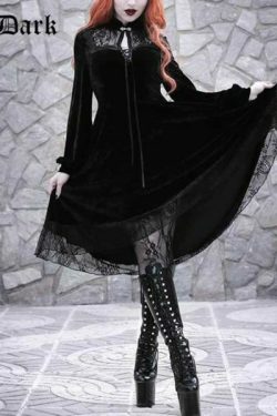 Goth Dark Vintage Velvet Dress - Y2K Grunge, 90S Fashion, Retro Style, Pastel Goth Outfits