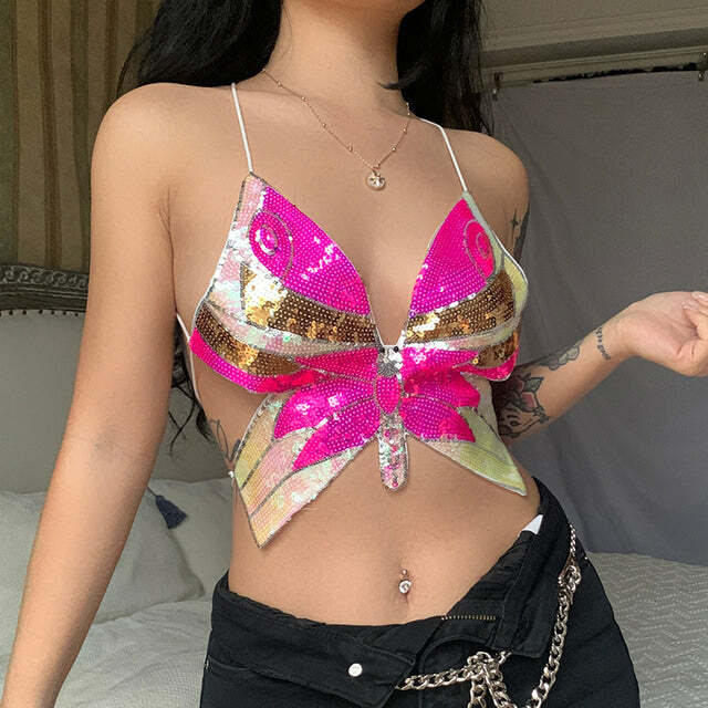 Halsey Butterfly Sequin Top - Y2K Summer, 90S Fashion, Grunge, Retro, Party & Club Outfits Halsey Butterfly Sequin Top - Y2K Summer, 90S Fashion, Grunge, Retro, Party & Club Outfits