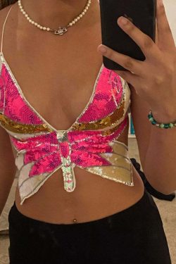 Halsey Butterfly Sequin Top - Y2K Summer, 90S Fashion, Grunge, Retro, Party & Club Outfits