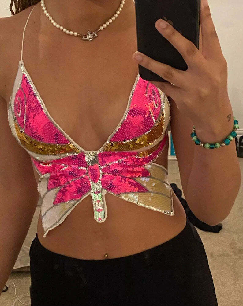 Halsey Butterfly Sequin Top - Y2K Summer, 90S Fashion, Grunge, Retro, Party & Club Outfits Halsey Butterfly Sequin Top - Y2K Summer, 90S Fashion, Grunge, Retro, Party & Club Outfits