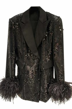 Isadoria Sequin Feather Blazer - Y2K Grunge, 90S Fashion, Retro Party Outfit, Y2K Club Style