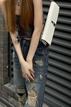 Jordyn Ripped High Waist Jeans - Y2K Grunge, 90S Fashion, Retro Summer Outfits