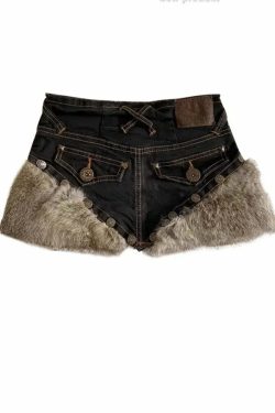 Korean Vintage Fluffy Patchwork Denim Skirt - High Waist Y2K Grunge A-Line Skirt For Women