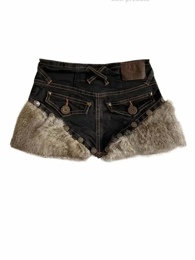 Korean Vintage Fluffy Patchwork Denim Skirt - High Waist Y2K Grunge A-Line Skirt For Women