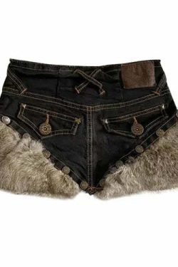 Korean Vintage Fluffy Patchwork Denim Skirt - High Waist Y2K Grunge A-Line Skirt For Women