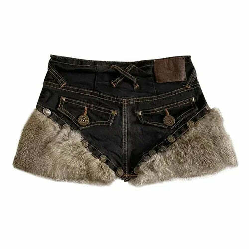 Korean Vintage Fluffy Patchwork Denim Skirt - High Waist Y2K Grunge A-Line Skirt For Women