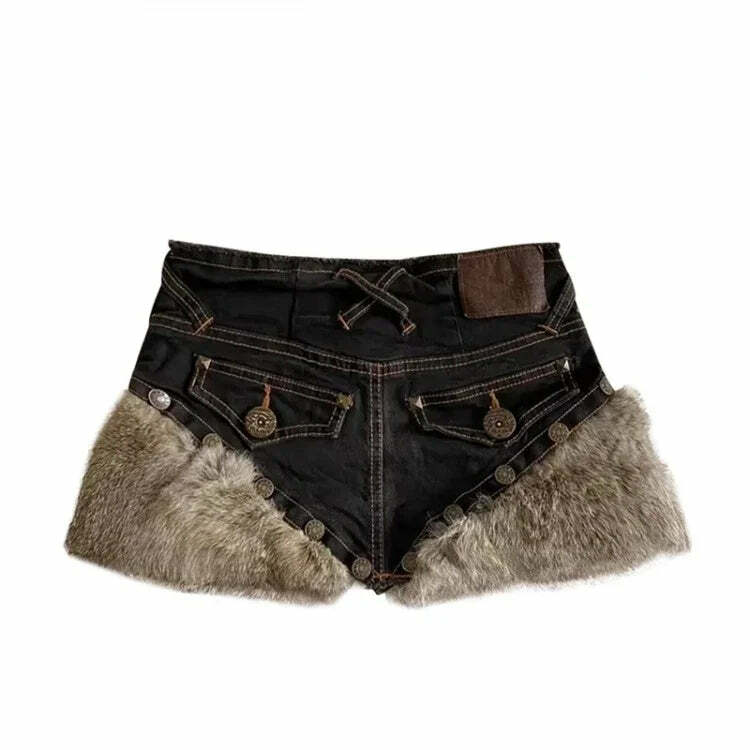 Korean Vintage Fluffy Patchwork Denim Skirt - High Waist Y2K Grunge A-Line Skirt For Women