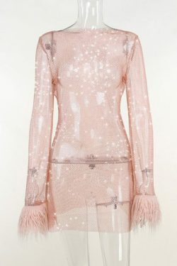 Lucille Sexy Feather Patchwork Long Sleeve Dress - Y2K Grunge, 90S Fashion, Retro Party Outfit