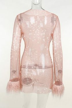 Lucille Sexy Feather Patchwork Long Sleeve Dress - Y2K Grunge, 90S Fashion, Retro Party Outfit