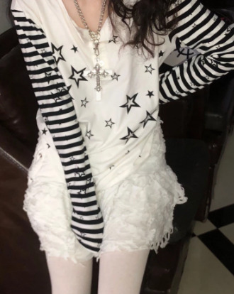 Luna White Long Sleeve With Striped Sleeves - Y2K Summer, 90S Fashion, Grunge, Retro Style