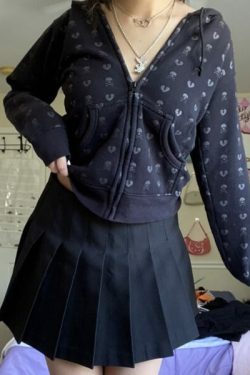 Maeve Skull And Heart Hoodie - Y2K Grunge, 90S Fashion, Retro Style, Gothic Y2K, Summer Outfits