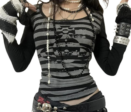 Olivia Black And Gray Striped Long Sleeve Top - Y2K Grunge, 90S Fashion, Retro Summer Outfit