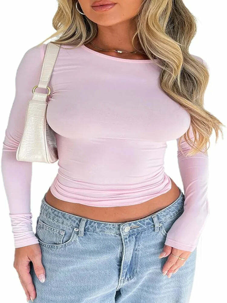 Pink Long Sleeve Crop Top - Sexy Y2K Grunge, 90S Retro, Pastel Goth, Summer & Party Outfits