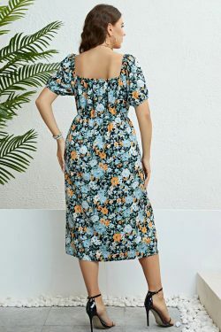 Plus Size Floral Print Puff Sleeve Midi Dress - Y2K Summer Boho Holiday Grunge Outfit