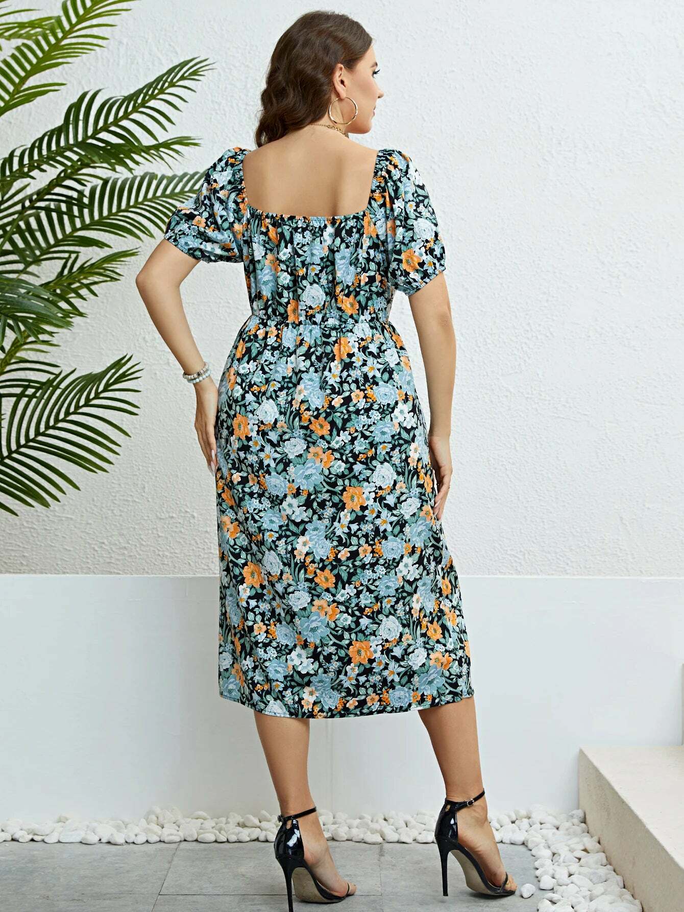 Plus Size Floral Print Puff Sleeve Midi Dress - Y2K Summer Boho Holiday Grunge Outfit Plus Size Floral Print Puff Sleeve Midi Dress - Y2K Summer Boho Holiday Grunge Outfit
