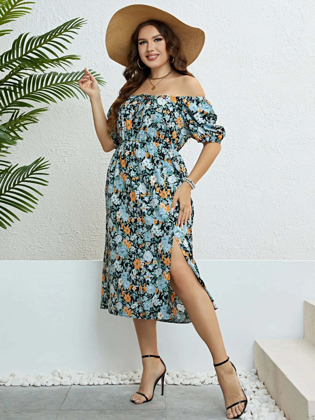 Plus Size Floral Print Puff Sleeve Midi Dress - Y2K Summer Boho Holiday Grunge Outfit Plus Size Floral Print Puff Sleeve Midi Dress - Y2K Summer Boho Holiday Grunge Outfit