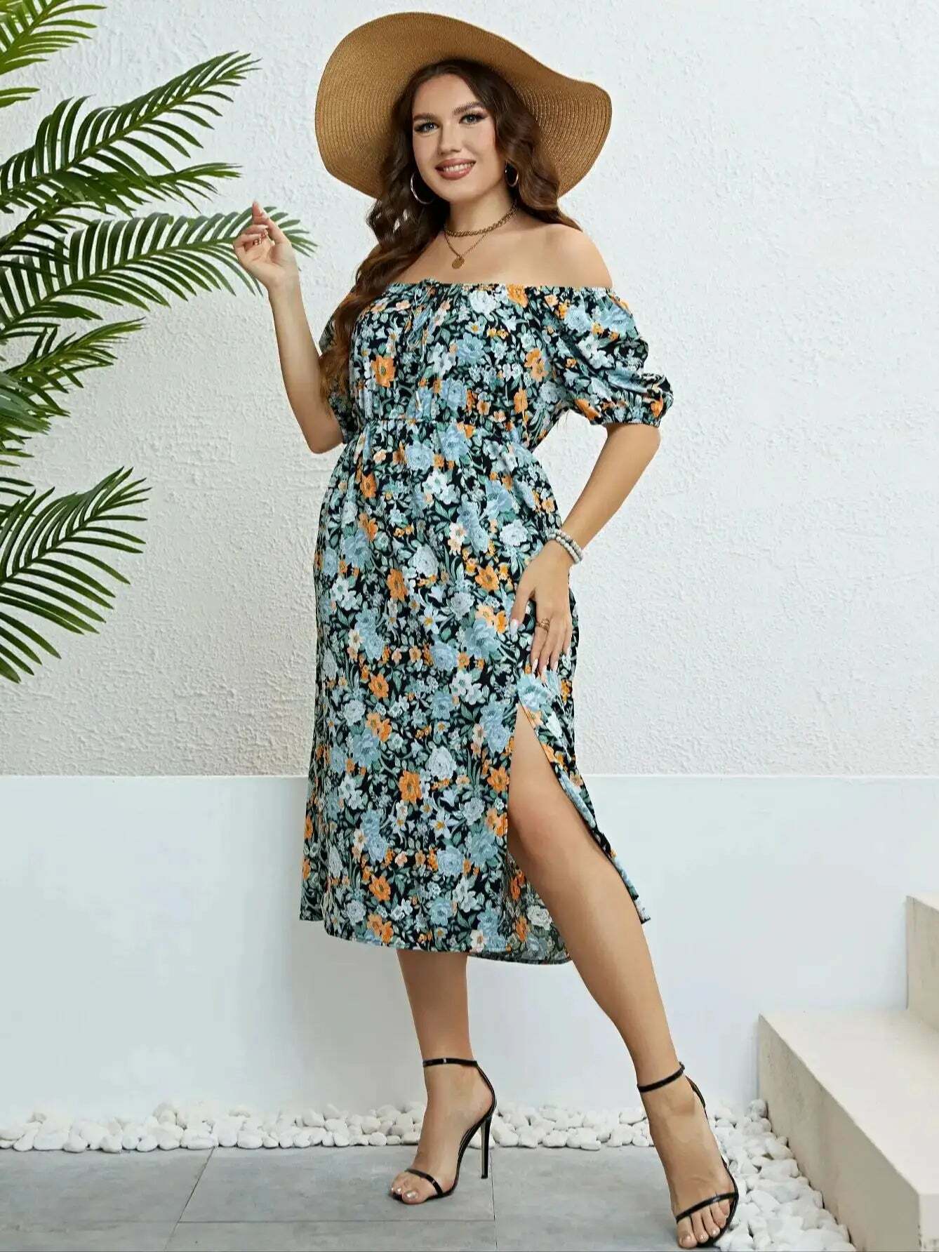 Plus Size Floral Print Puff Sleeve Midi Dress - Y2K Summer Boho Holiday Grunge Outfit Plus Size Floral Print Puff Sleeve Midi Dress - Y2K Summer Boho Holiday Grunge Outfit