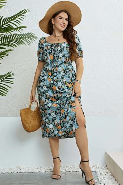 Plus Size Floral Print Puff Sleeve Midi Dress - Y2K Summer Boho Holiday Grunge Outfit