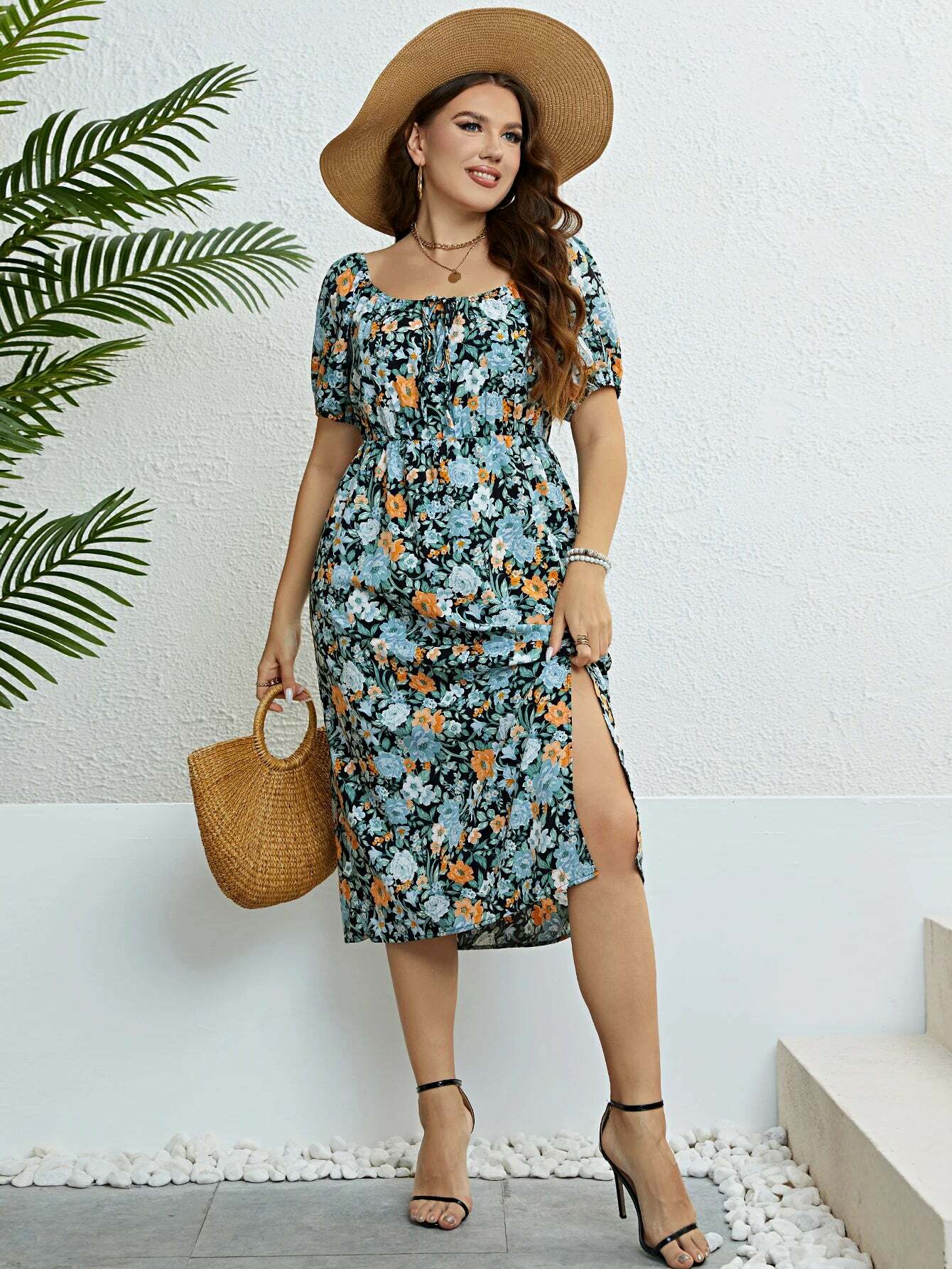 Plus Size Floral Print Puff Sleeve Midi Dress - Y2K Summer Boho Holiday Grunge Outfit Plus Size Floral Print Puff Sleeve Midi Dress - Y2K Summer Boho Holiday Grunge Outfit