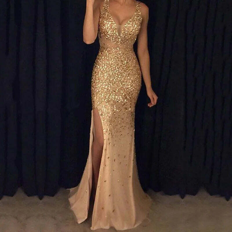 Plus Size Y2K Long Dress With Straps, V-Neck Slit, Gold Sexy Evening Dress, Elegant 90S Fashion