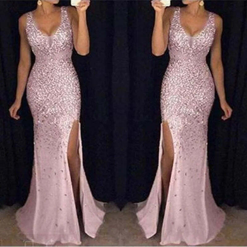 Plus Size Y2K Long Dress With Straps, V-Neck Slit, Gold Sexy Evening Dress, Elegant 90S Fashion