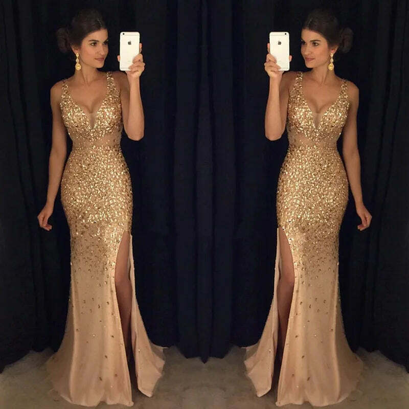 Plus Size Y2K Long Dress With Straps, V-Neck Slit, Gold Sexy Evening Dress, Elegant 90S Fashion