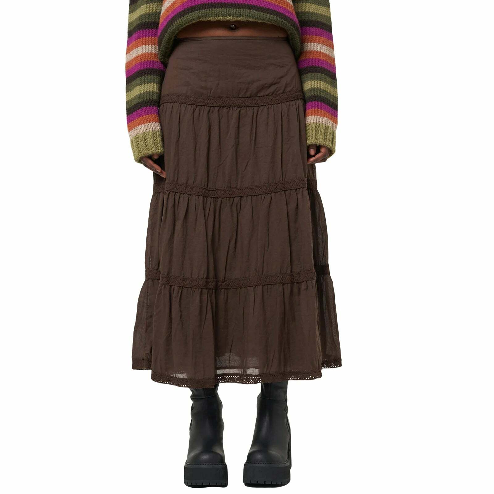 Retro Brown A-Line Long Skirt - Y2K Summer, 90S Grunge, Casual Elastic Waist, Pleated S-L Retro Brown A-Line Long Skirt - Y2K Summer, 90S Grunge, Casual Elastic Waist, Pleated S-L