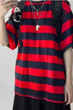 Riley Striped Short Sleeve Loose Shirt - Y2K Summer Grunge, 90S Retro, Pastel Goth, Y2K Club Outfit