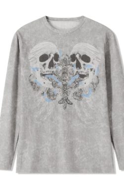 Scarlett Gray Long Sleeve Skull Cross Top - Y2K Grunge, 90S Fashion, Retro Goth Outfit