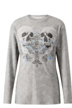 Scarlett Gray Long Sleeve Skull Cross Top - Y2K Grunge, 90S Fashion, Retro Goth Outfit