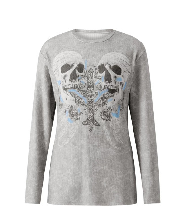 Scarlett Gray Long Sleeve Skull Cross Top - Y2K Grunge, 90S Fashion, Retro Goth Outfit Scarlett Gray Long Sleeve Skull Cross Top - Y2K Grunge, 90S Fashion, Retro Goth Outfit