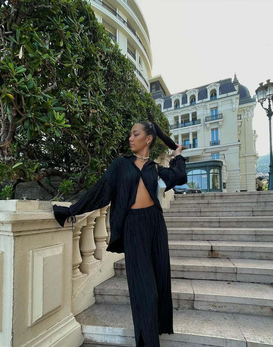 Serenity Pleated Shirt + Pants Set - Y2K Summer, 90S Fashion, Grunge, Retro, Pastel Goth Outfit