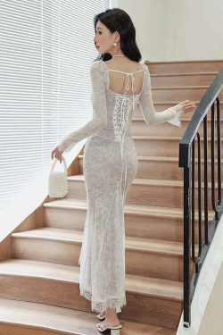 Sexy White Lace Long Sleeve Square Neck Dress - Y2K Summer, 90S Grunge, Retro Party Outfit