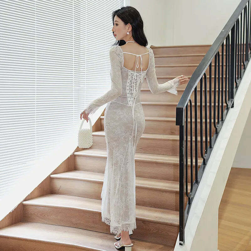 Sexy White Lace Long Sleeve Square Neck Dress - Y2K Summer, 90S Grunge, Retro Party Outfit Sexy White Lace Long Sleeve Square Neck Dress - Y2K Summer, 90S Grunge, Retro Party Outfit