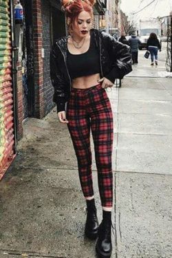 Skylar High Waist Skinny Plaid Jeans - Y2K Grunge 90S Fashion, Retro Summer & Party Outfits