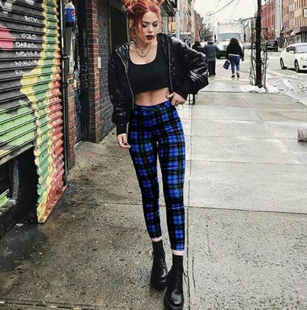 Skylar High Waist Skinny Plaid Jeans - Y2K Grunge 90S Fashion, Retro Summer & Party Outfits