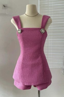 Summer Y2K Two Piece Set: Bowknot Square Collar Camisole & Shorts With Diamond Buttons