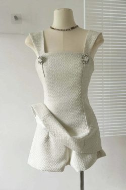 Summer Y2K Two Piece Set: Bowknot Square Collar Camisole & Shorts With Diamond Buttons