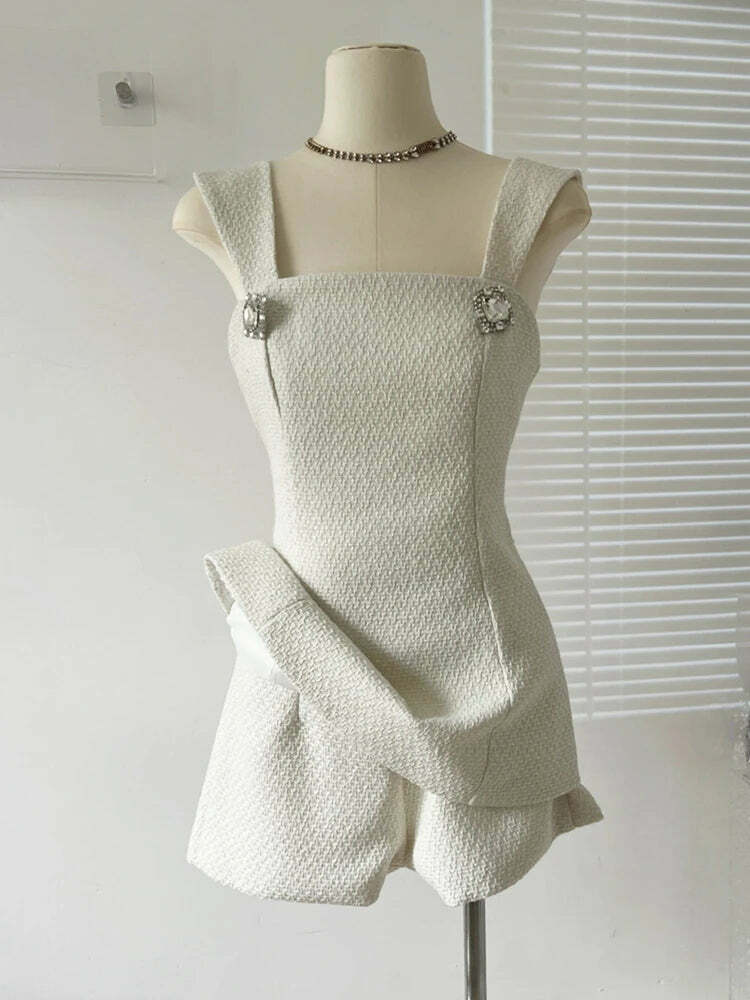 Summer Y2K Two Piece Set: Bowknot Square Collar Camisole & Shorts With Diamond Buttons