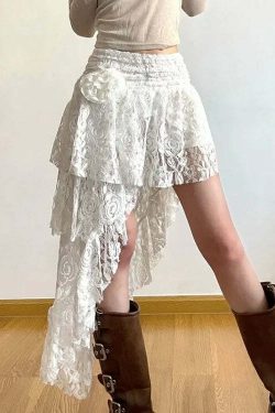 Sweet Rose Y2K Hollow Out White Ruched Cake Skirt - High Waist A-Line Summer E-Girl Fashion