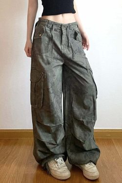 Sweetown Y2K Camouflage Cargo Jeans - Vintage 90S Grunge, Mid Waist, Pockets, Preppy Hippie Style
