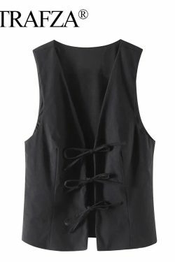 Trafza Y2K Lace Up Vest V Neck Sleeveless Top - Vintage 90S Grunge Summer Party Tank Tops