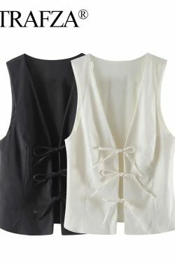 Trafza Y2K Lace Up Vest V Neck Sleeveless Top - Vintage 90S Grunge Summer Party Tank Tops