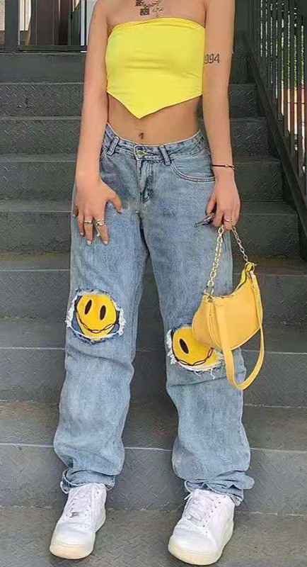 Valentina Smiley Face Jeans - Y2K Grunge 90S Fashion, Retro Summer Outfits, Hip Hop Style