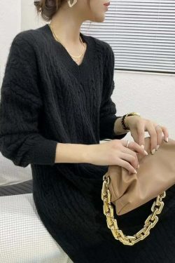 Vintage Elegant V-Neck Knitted Sweater Dress - Y2K & 90S Fashion, Grunge, Retro, Pastel Goth