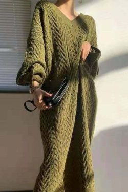 Vintage Elegant V-Neck Knitted Sweater Dress - Y2K & 90S Fashion, Grunge, Retro, Pastel Goth