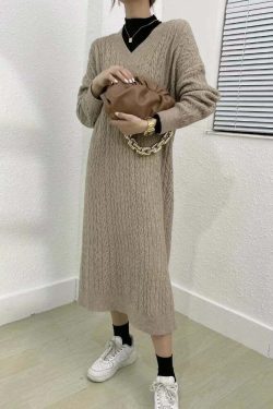 Vintage Elegant V-Neck Knitted Sweater Dress - Y2K & 90S Fashion, Grunge, Retro, Pastel Goth
