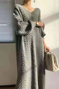 Vintage Elegant V-Neck Knitted Sweater Dress - Y2K & 90S Fashion, Grunge, Retro, Pastel Goth