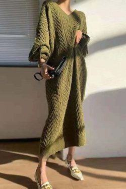 Vintage Elegant V-Neck Knitted Sweater Dress - Y2K & 90S Fashion, Grunge, Retro, Pastel Goth